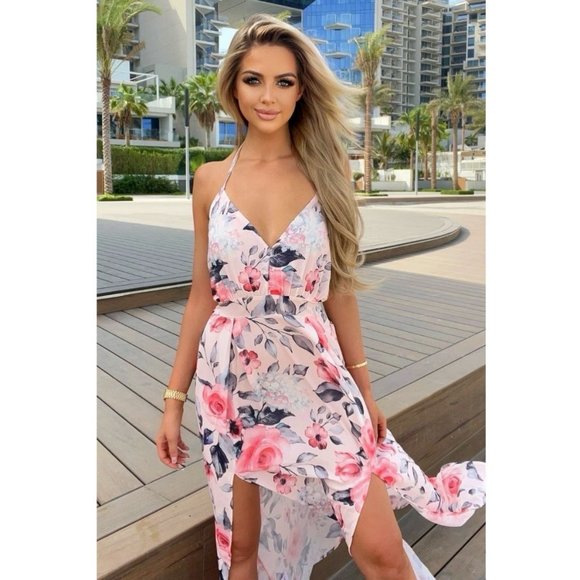 Pink Floral Print Sleeveless Halter Neck V-Neck Backless Front Slit Maxi Dress - Picture 7 of 8